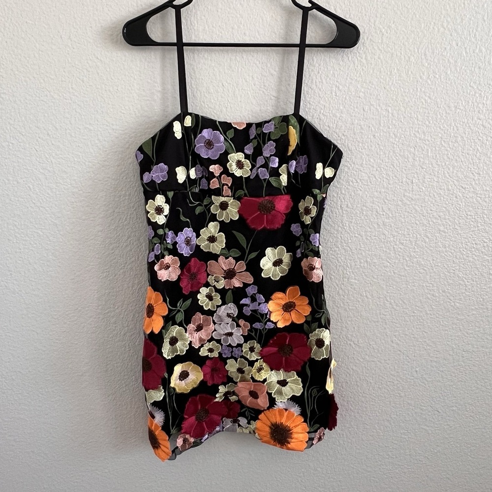Large Women's Floral Embroidered Artsy Mini Bodycon Dress Lined Mesh Whimsigoth